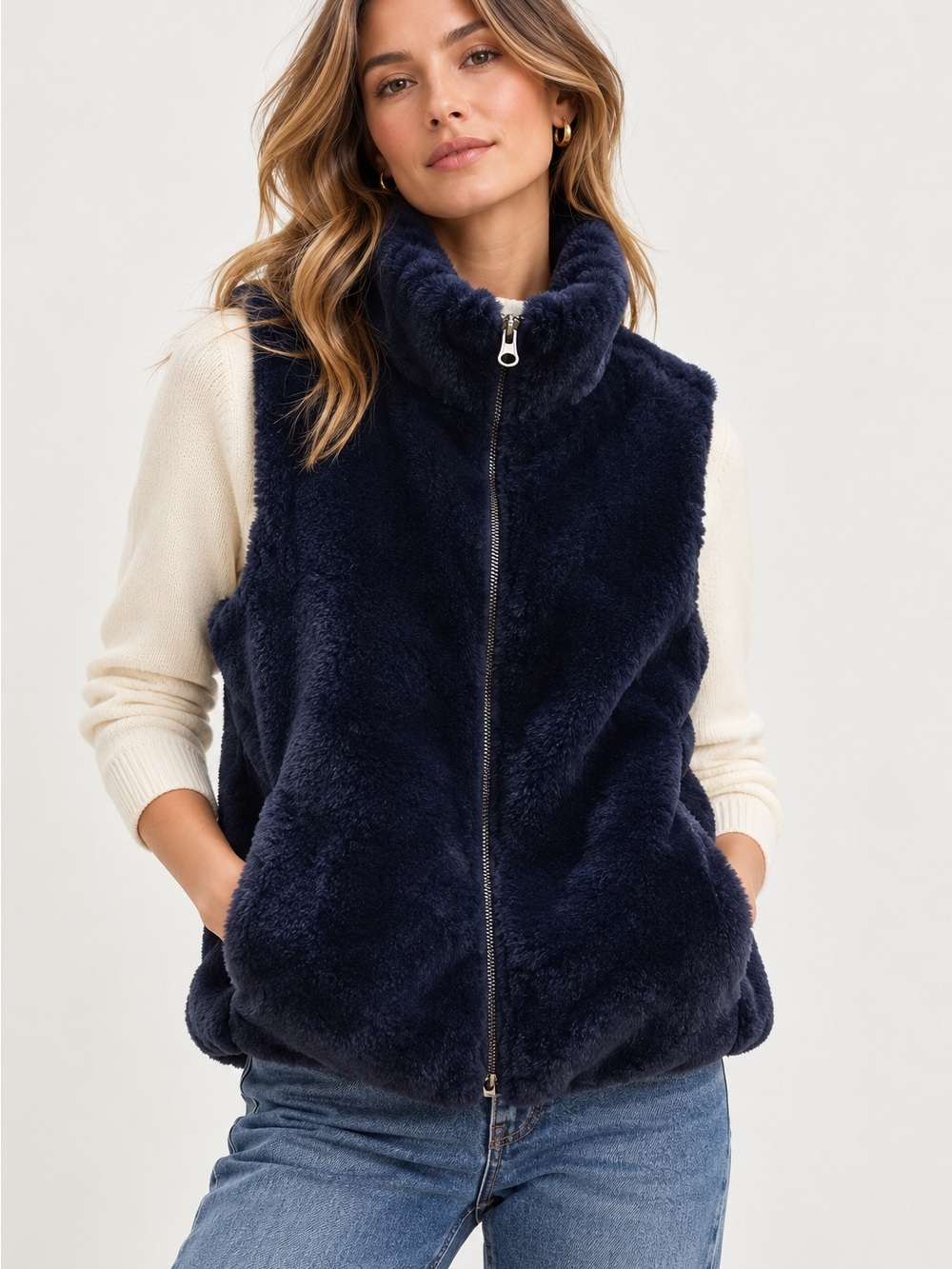 J.Crew Navy Plush Faux Fur Sherpa Fleece Vest Full Zip Cozy Preppy Layer S